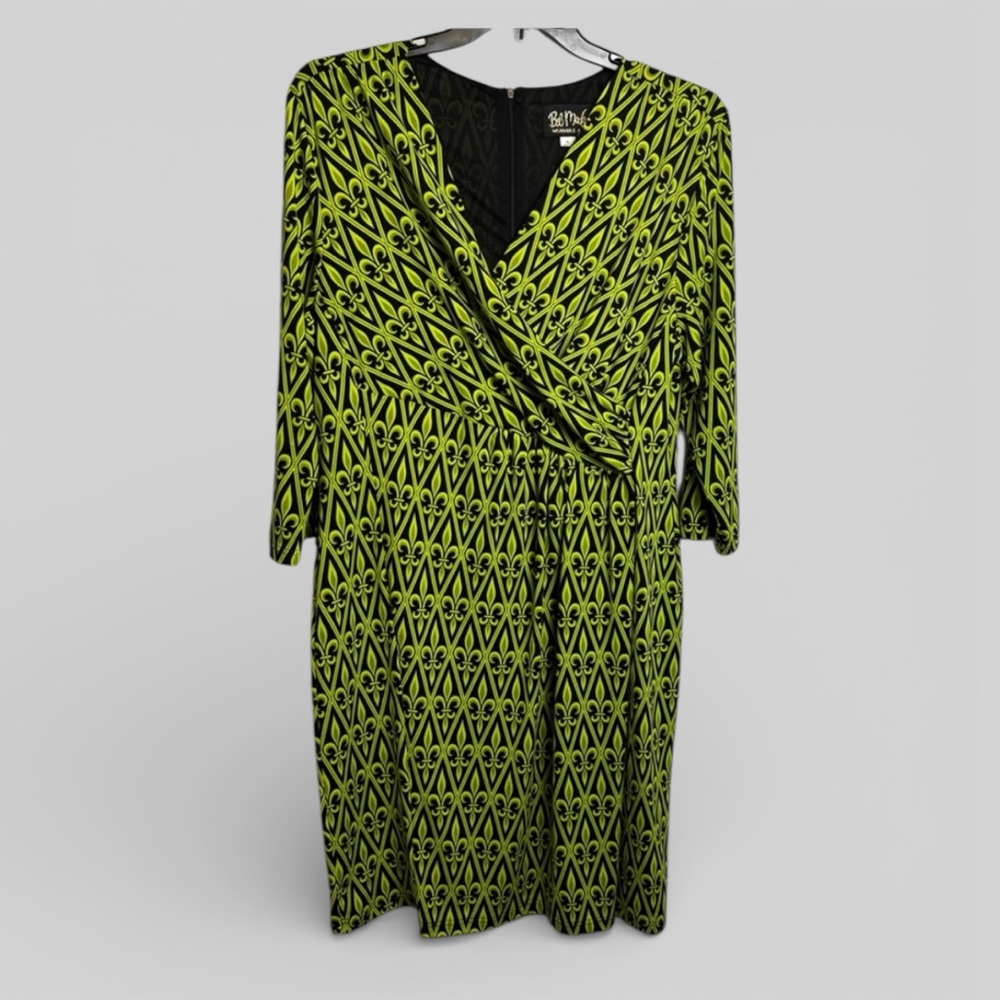 Bob Mackie Wearable Art lime green geometric faux wrap midi dress size XL chic